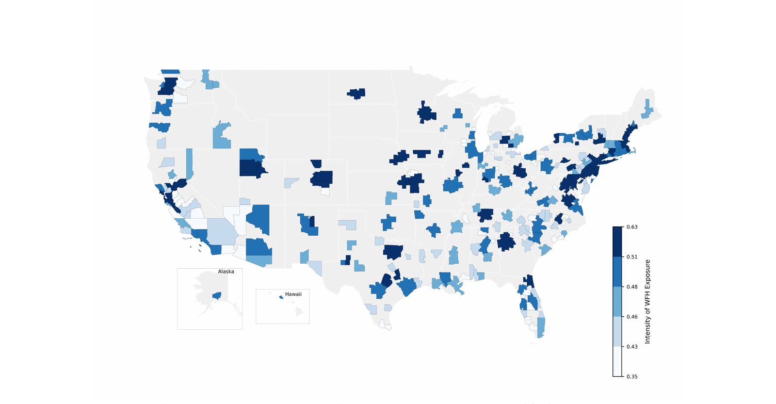 Map of the United States shading 242 metropolitan areas by pre-pandemic work-from-home exposure